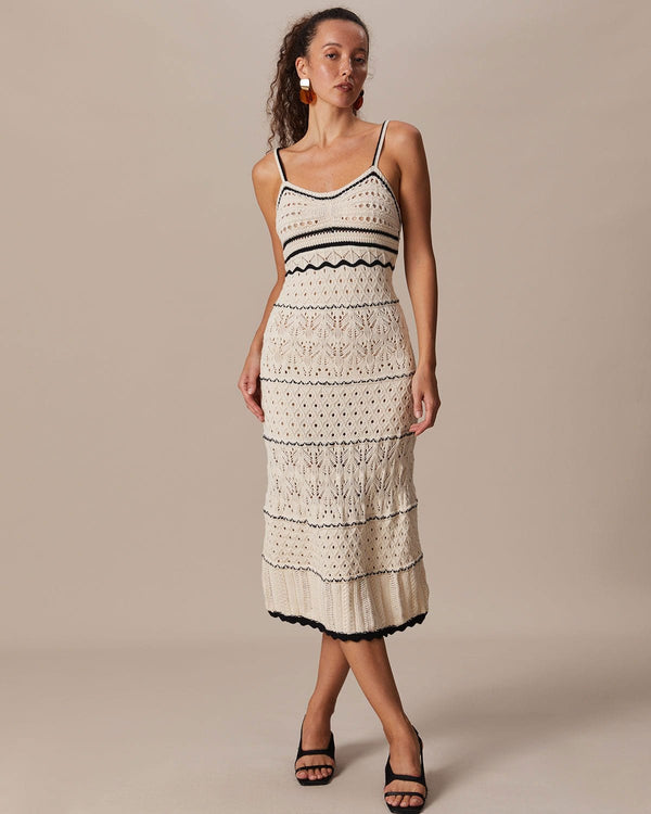 The Beige Scalloped Pointelle Knit Midi Dress