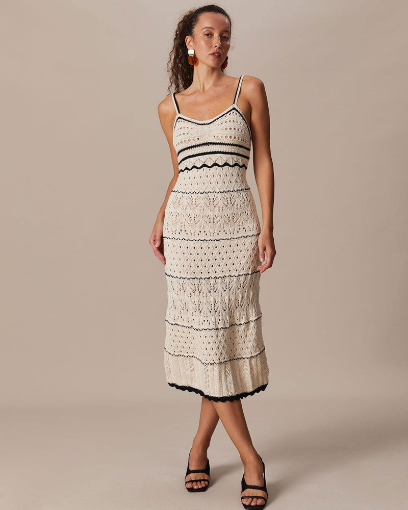 The Beige Scalloped Pointelle Knit Midi Dress