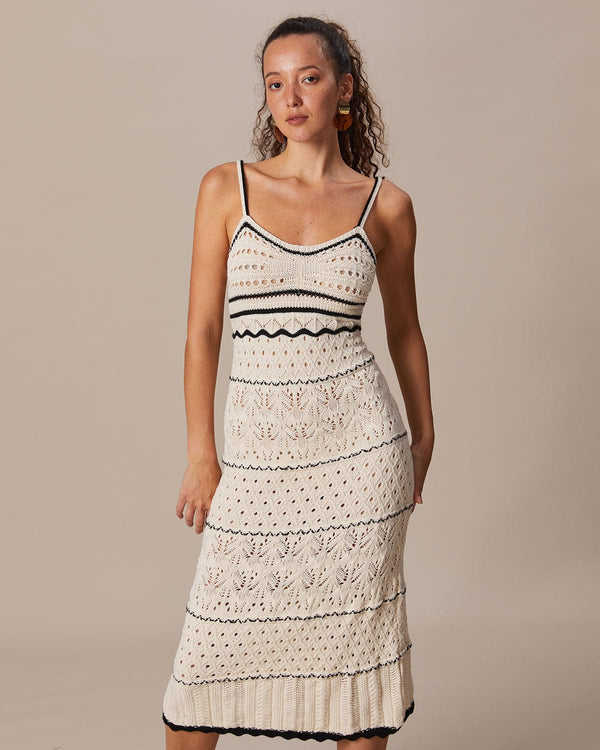 The Beige Scalloped Pointelle Knit Midi Dress