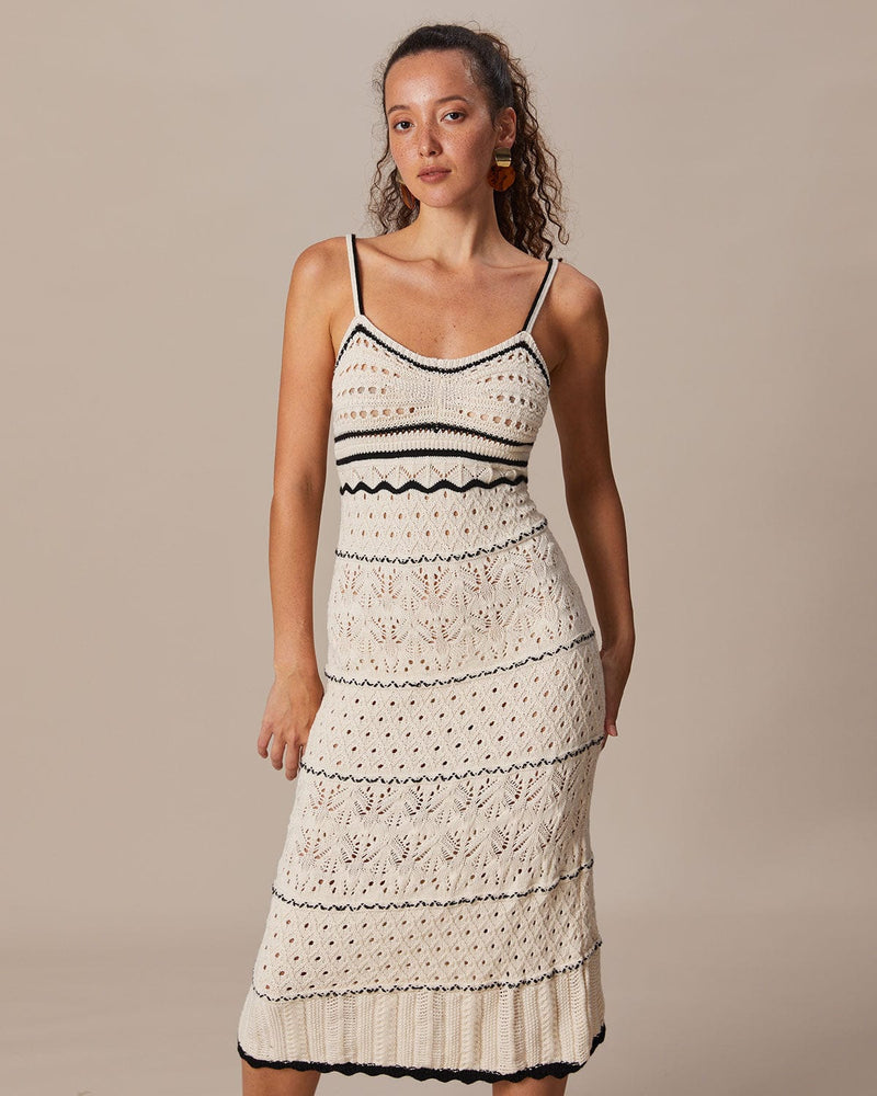 The Beige Scalloped Pointelle Knit Midi Dress