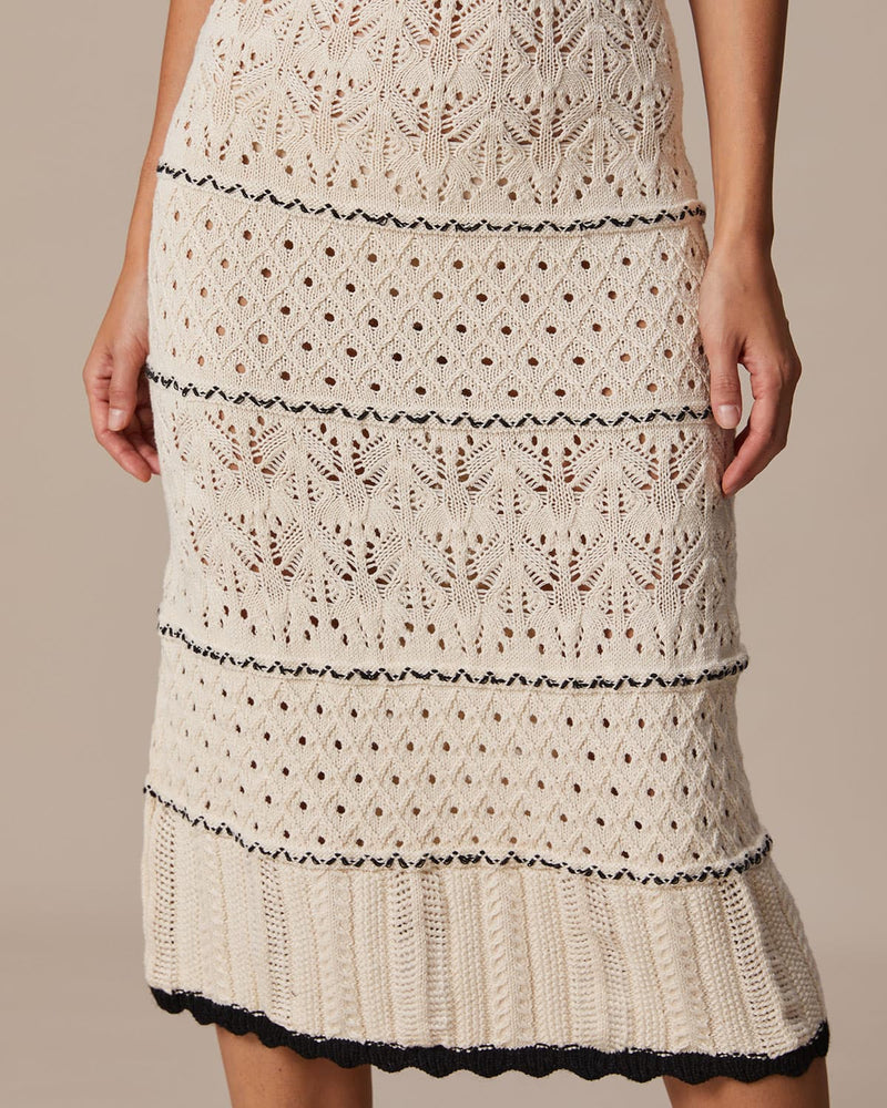 The Beige Scalloped Pointelle Knit Midi Dress