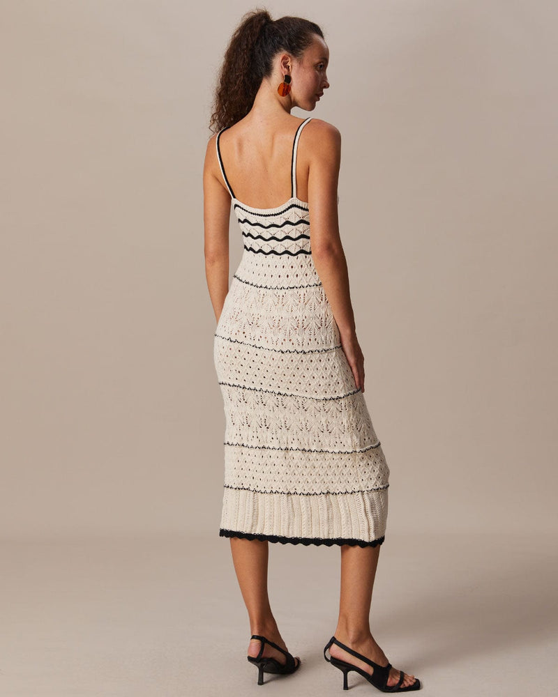 The Beige Scalloped Pointelle Knit Midi Dress