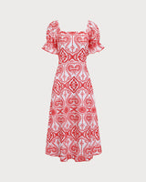 Women's Geometric Embroidery Ruffle Cotton Midi Dress