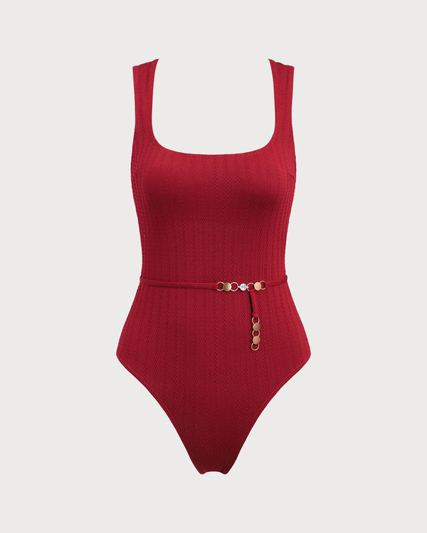 Wine Red Cut Out One-Piece Swimsuit