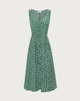 The Green V Neck Floral Button Midi Dress