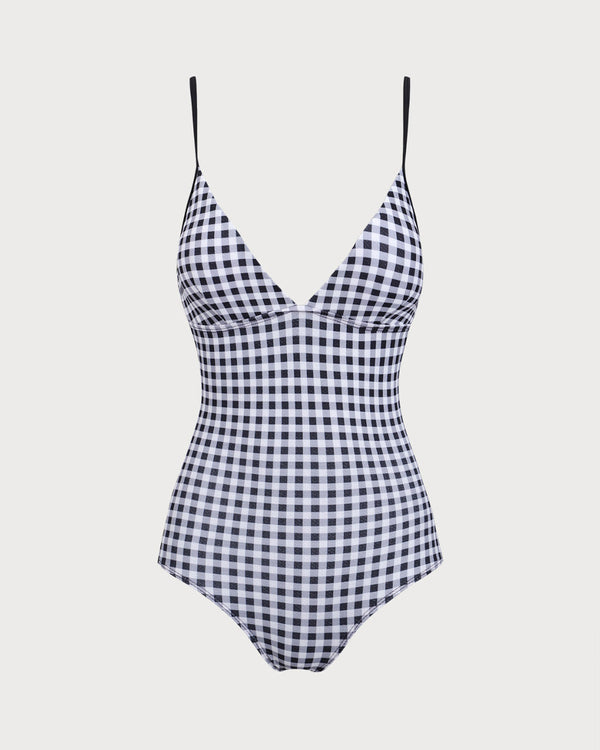 Black Plaid One-Piece Swimsuit