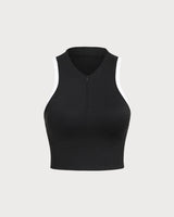Black Round Neck Zipper Yoga Tank Top - Light Support
