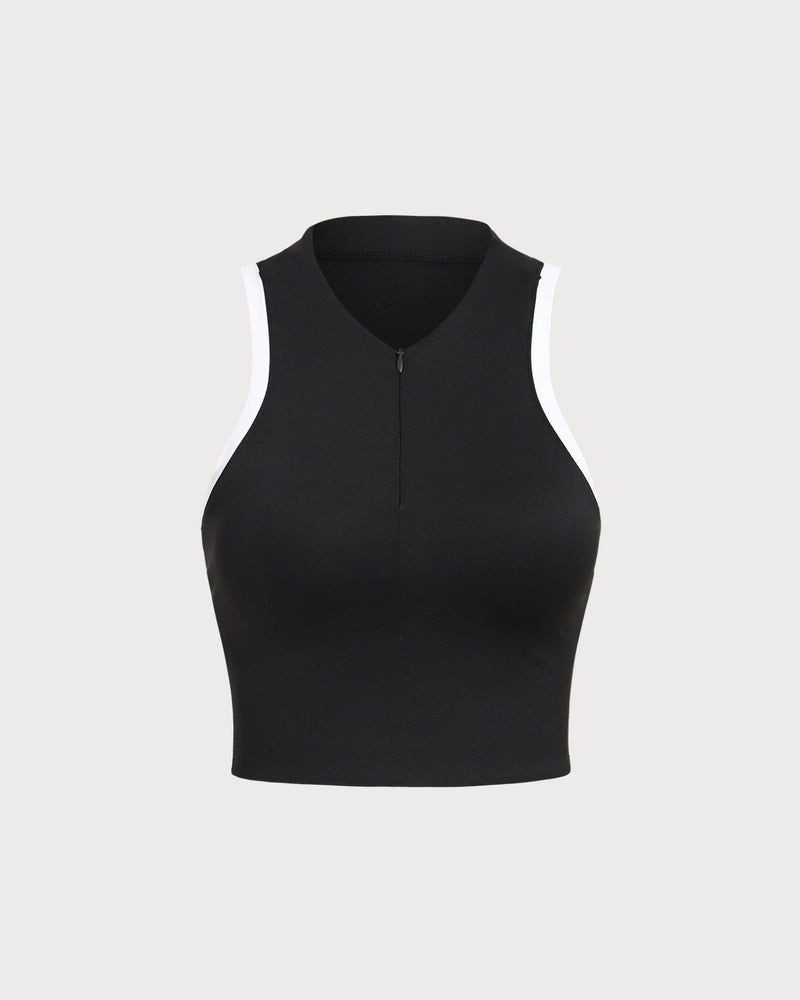 Black Round Neck Zipper Yoga Tank Top - Light Support