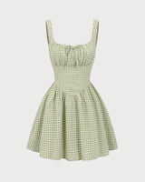 Green Plaid Ruched Slip Mini Dress