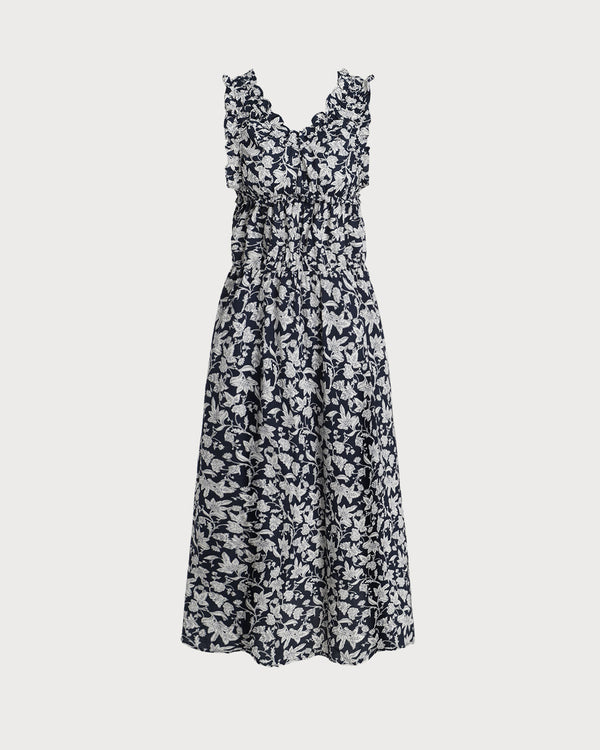 Blue Floral V Neck Ruched Midi Dress