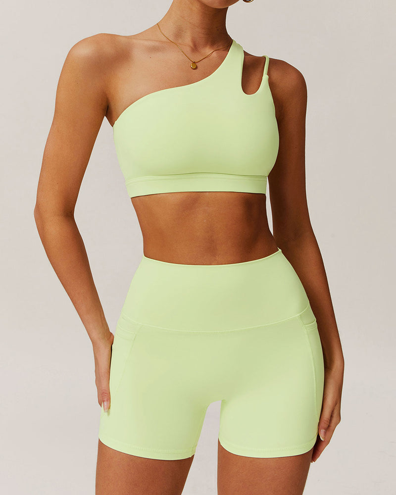 Green Cropped One Shoulder Yoga Cami Top - Light Support