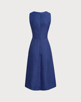 Blue Square Neck Pleated Sleeveless Midi Dress