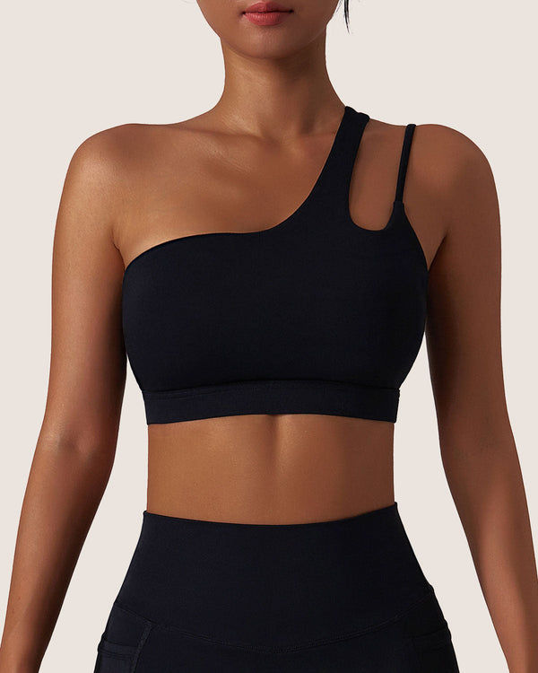 Black Cropped One Shoulder Yoga Cami Top - Light Support