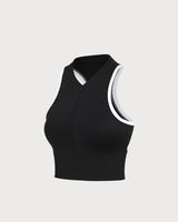 Black Round Neck Zipper Yoga Tank Top - Light Support
