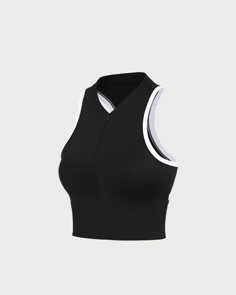 Black Round Neck Zipper Yoga Tank Top - Light Support
