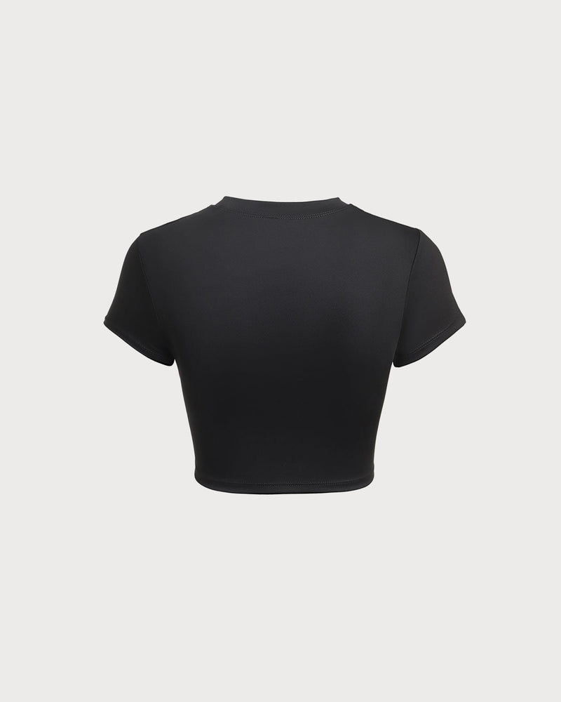 Black Round Neck Yoga Short Sleeve Top - Light Support