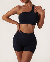 Black Cropped One Shoulder Yoga Cami Top - Light Support
