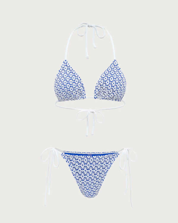 Blue Geometric Triangle Drawstring Bikini Set
