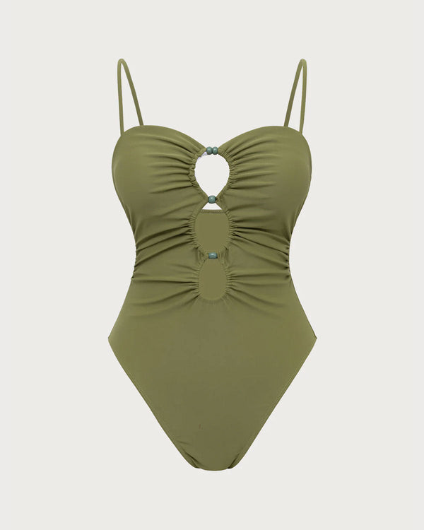 Green Ruched Cutout One-Piece Swimsuit