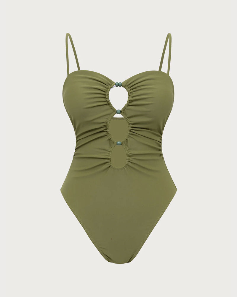 Green Ruched Cutout One-Piece Swimsuit