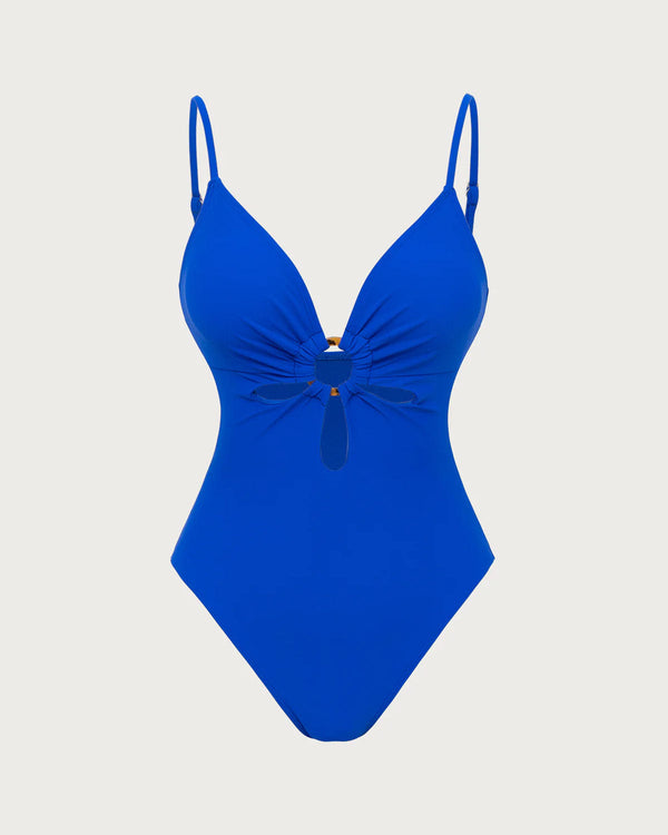 Blue V Neck O-Ring One-Piece Swimsuit