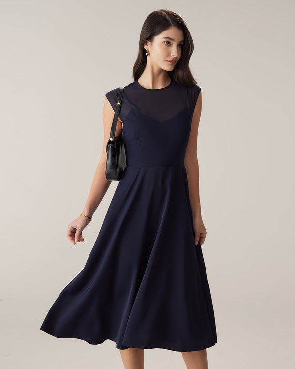 Navy See-through Cap Sleeve Midi Dress