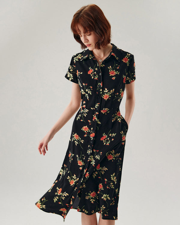 Black Floral Button A-Line Midi Dress