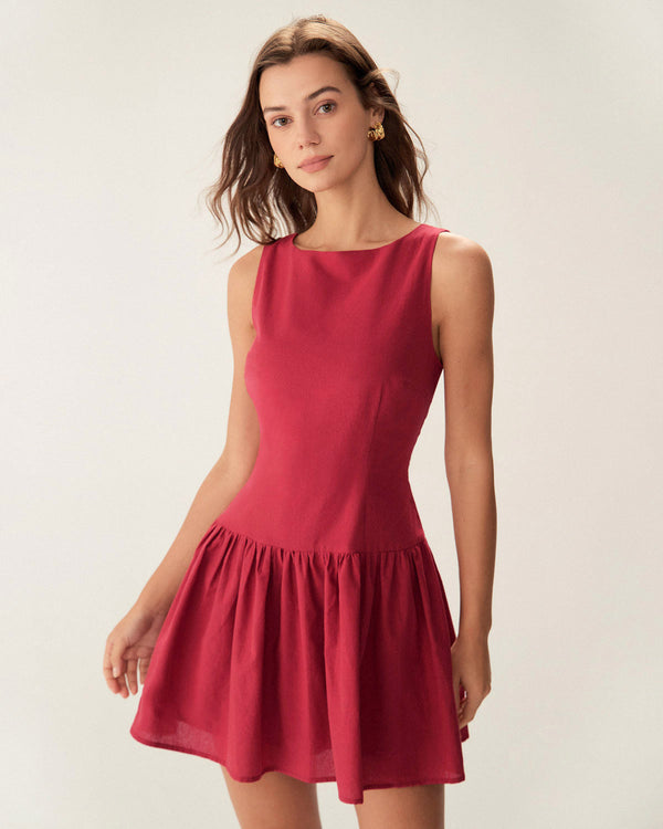 Red Boat Neck Sleeveless Mini Dress