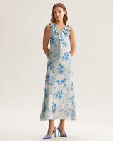 Blue Floral Ruffle V Neck Sleeveless Midi Dress