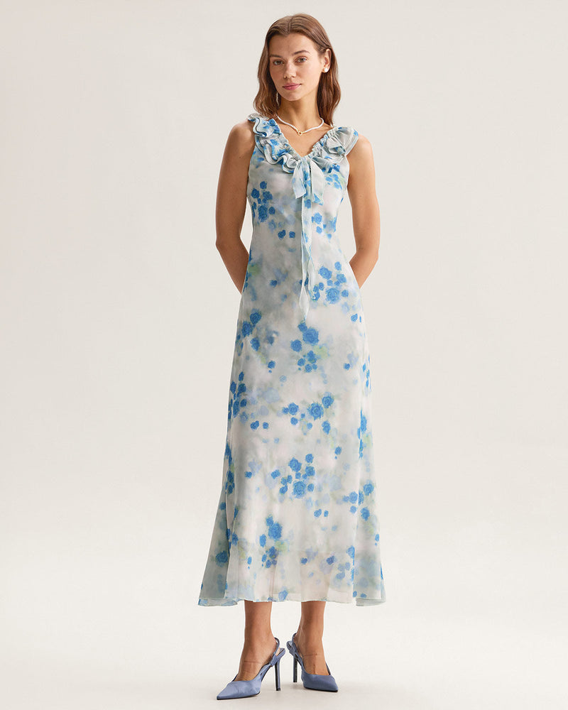 Blue Floral Ruffle V Neck Sleeveless Midi Dress