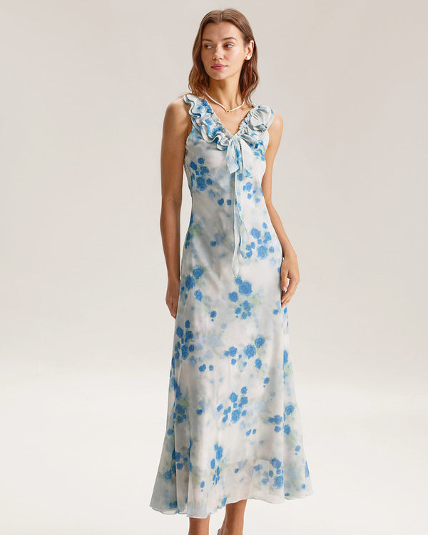 Blue Floral Ruffle V Neck Sleeveless Midi Dress