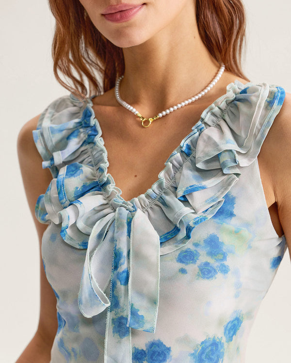Blue Floral Ruffle V Neck Sleeveless Midi Dress