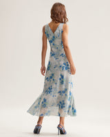 Blue Floral Ruffle V Neck Sleeveless Midi Dress
