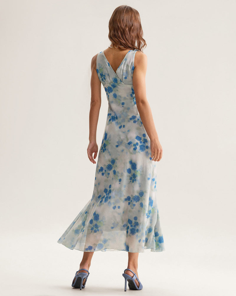 Blue Floral Ruffle V Neck Sleeveless Midi Dress