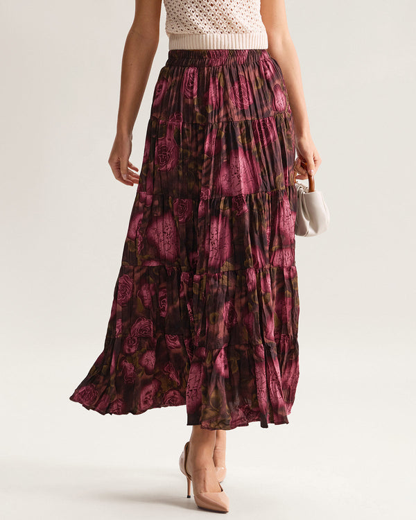 Floral Elastic Waist Pleated Midi Skirt