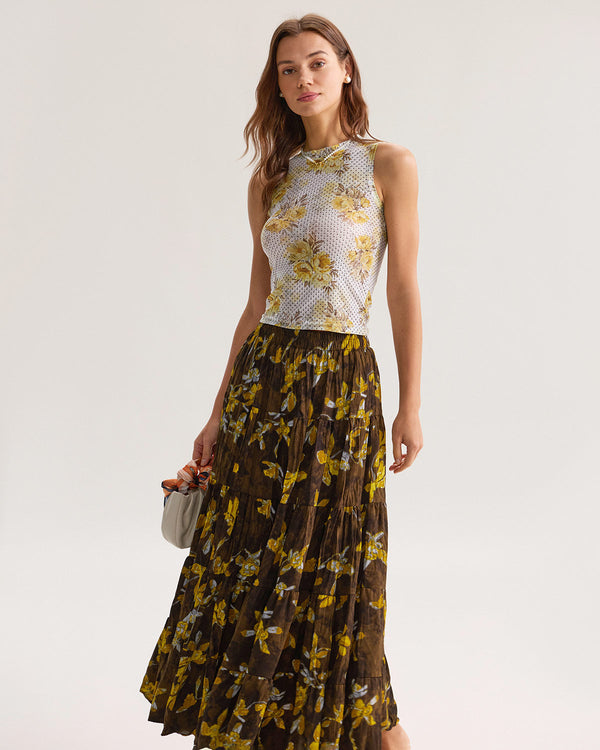 Yellow Floral Elastic Waist Midi Skirt