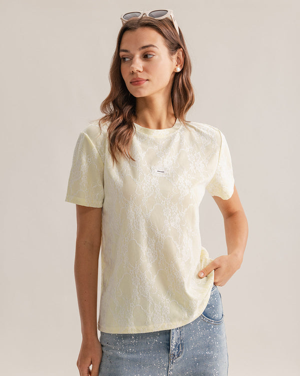 Yellow Lace Textured Round Neck Tee