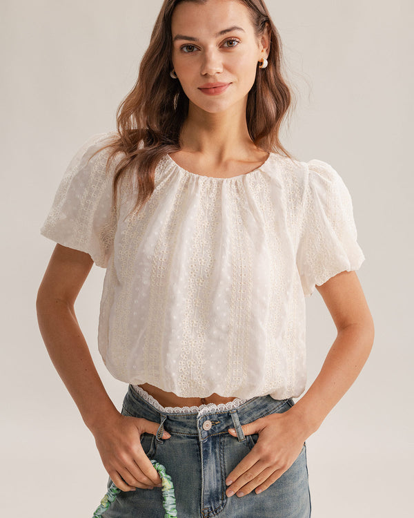 Beige Round Neck Puffed Sleeve Tee