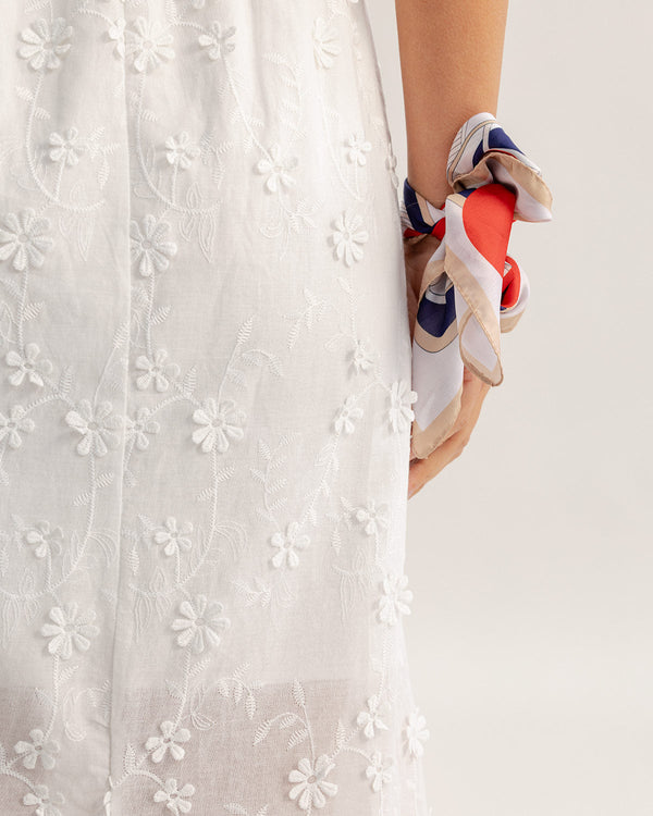 White Textured Elastic Waist Midi Skirt