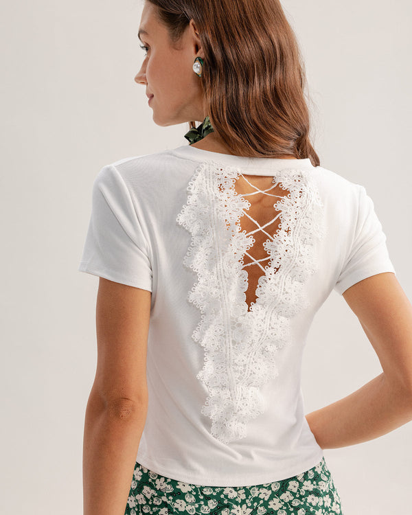 White Lace Round Neck Tee