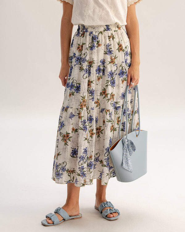 Apricot Floral Elastic Waist A-line Midi Skirt