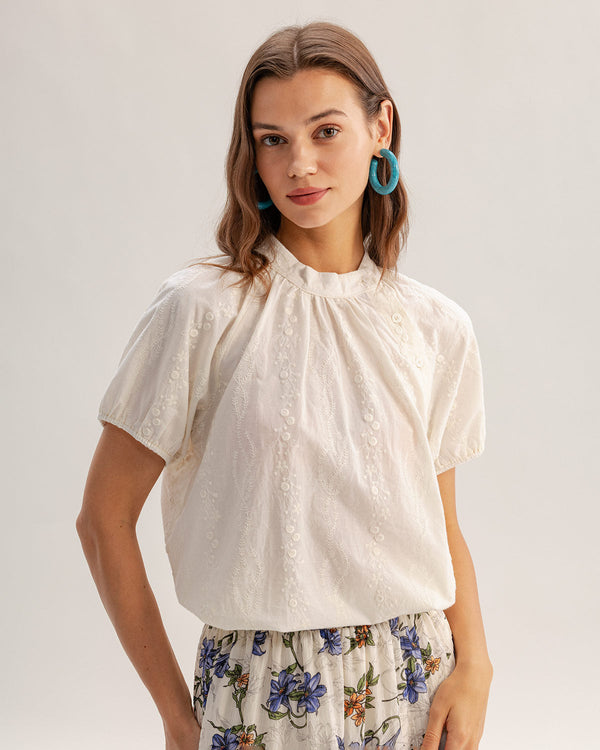 Beige Mock Neck Textured Tee