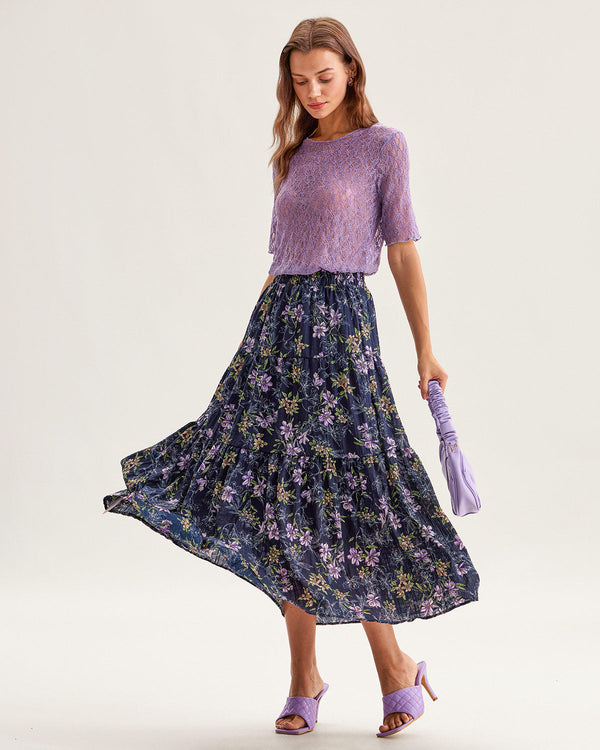 Black Floral Elastic Waist Midi Skirt