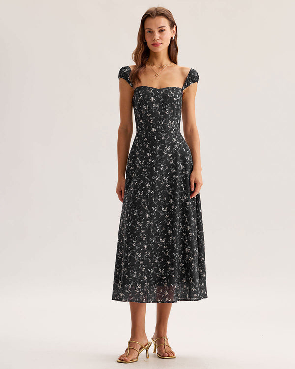 Black Floral Sweetheart Neck Midi Dress