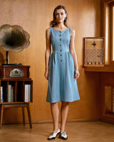 Blue Boat Neck Button Sleeveless Midi Dress