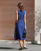 Blue Square Neck Pleated Sleeveless Midi Dress