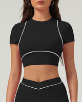 Black Round Neck Yoga Short Sleeve Top - Light Support
