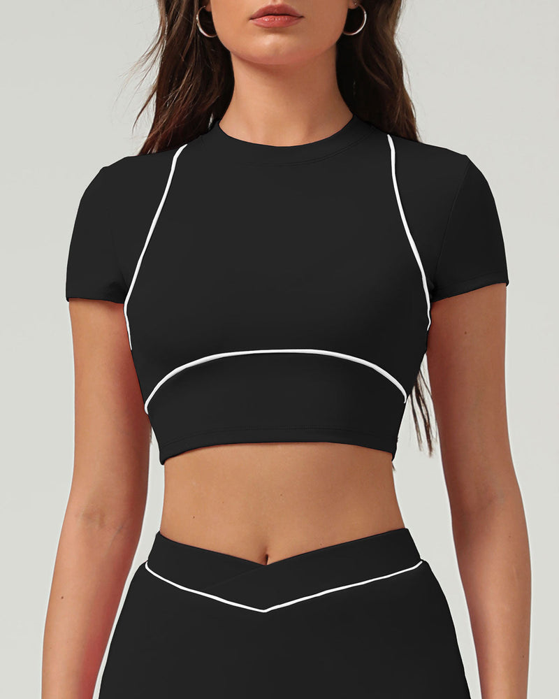 Black Round Neck Yoga Short Sleeve Top - Light Support