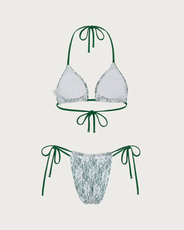 Green Floral Lace Bikini Set