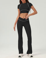 Black Round Neck Yoga Short Sleeve Top - Light Support